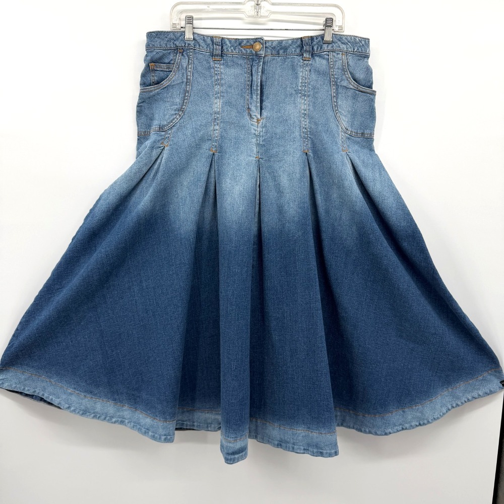 Soft Surroundings Denim Midi Skirt Size XL Ombre Stretch Pleated Western Cowgirl